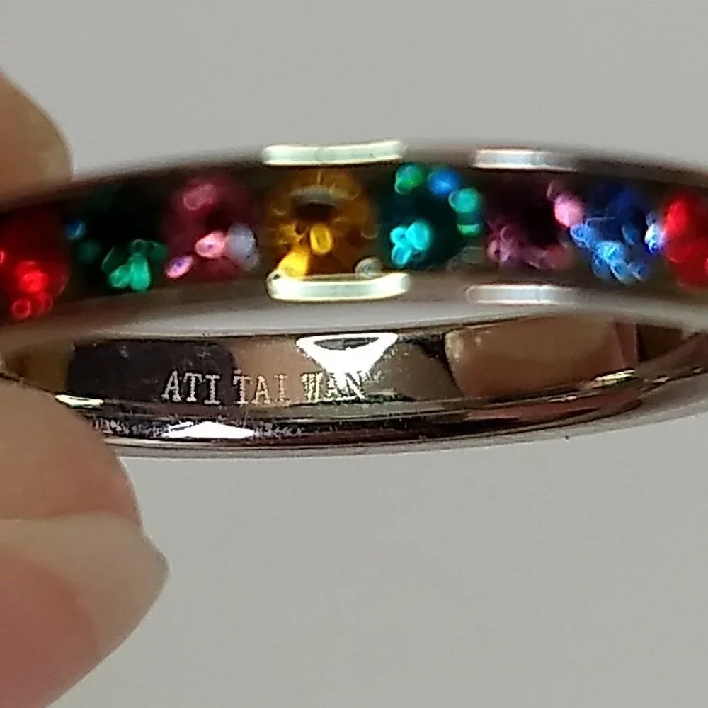 Silver Tone Multicolor Rainbow Stone Ring Band Marked ATI Taiwan Size 8 Colorful